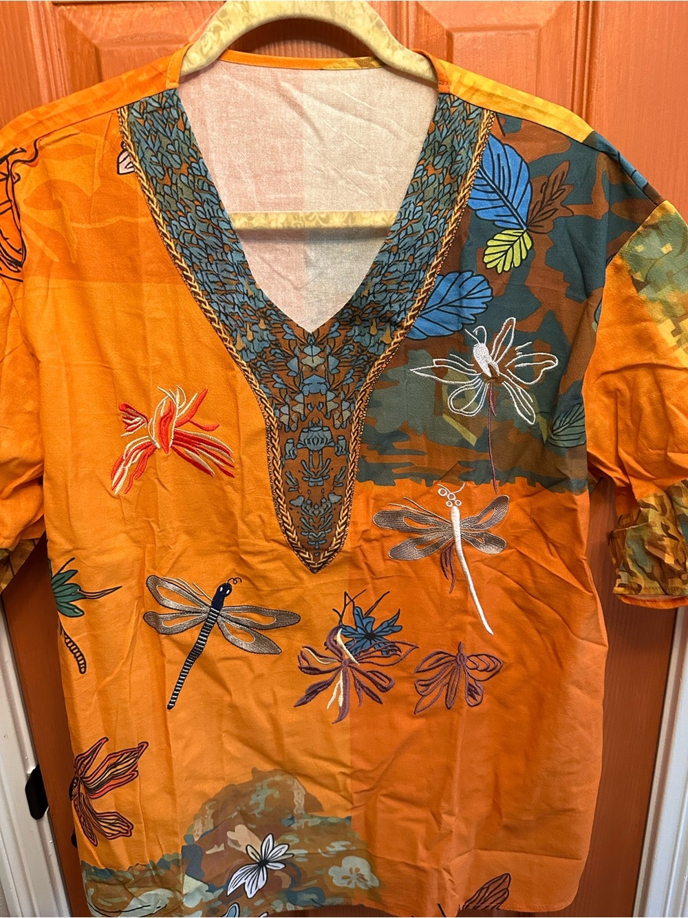 Women's Orange Embroidered V-Neck Tunic Top